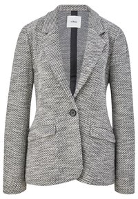 Strukturierter grauer und weißer Blazer mit Reverskragen, einzelner Knopfschließe und zwei vorderen Taschen. Schwarzes Futter innen sichtbar.