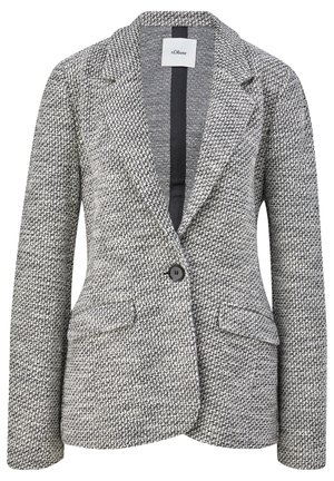 Blazer texturé gris et blanc avec un revers cranté, fermeture à un bouton et deux poches frontales. Doublure noire visible à l'intérieur.