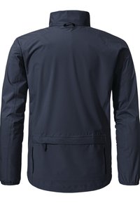 Marineblauer Regenmantel mit hohem Kragen, elastischen Bündchen und einer Rückentasche. Glatte Textur mit praktischem Design für den Einsatz im Freien.