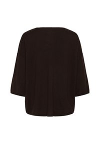 Haut noir à manches courtes, coupe ample, vu de dos, avec un large col et un ourlet droit. Aucun système de fermeture ni motif visible.