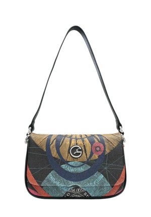 Borsa a spalla con una tracolla in pelle nera. Presenta un corpo in tessuto con motivo colorato, caratterizzato da design geometrici e un logo circolare.