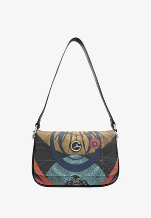 Borsa a spalla con una tracolla in pelle nera. Presenta un corpo in tessuto con motivo colorato, caratterizzato da design geometrici e un logo circolare.
