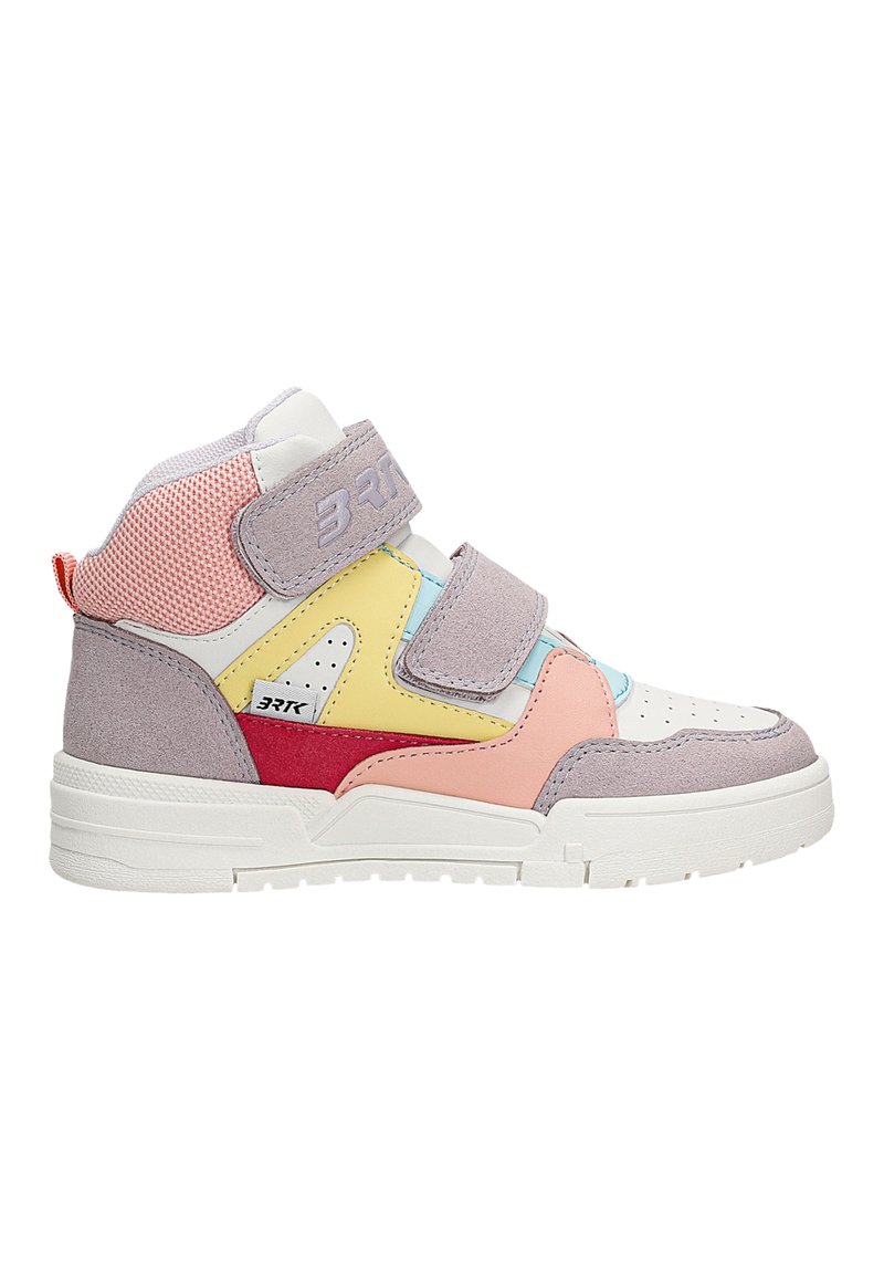 High-top sneakers in multi-color suede and mesh featuring white soles, Velcro straps, and contrasting accents in pink, yellow, and blue.