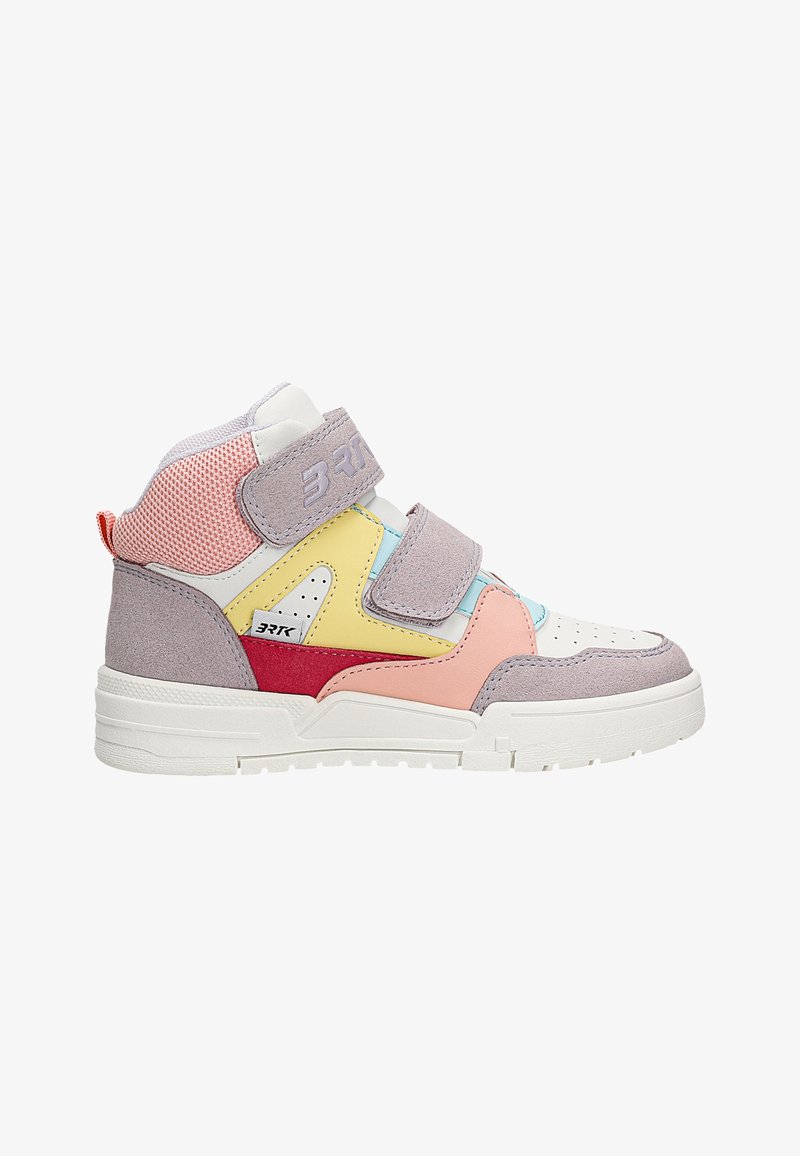 High-top sneakers in multi-color suede and mesh featuring white soles, Velcro straps, and contrasting accents in pink, yellow, and blue.