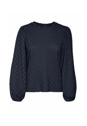 Maglietta a maniche lunghe blu navy con finitura testurizzata, scollatura rotonda e maniche a sbuffo arricciate. Tessuto morbido con un motivo sottile su tutta la superficie.