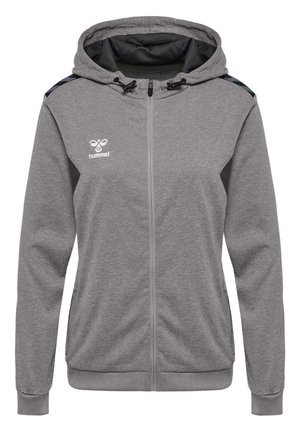 Grijze zip-up hoodie met een trekkoordcapuchon, zijzakken en geribde manchetten. Bevat een logo op de borst en een textuurstof.