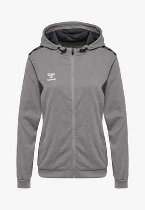 Grijze zip-up hoodie met een trekkoordcapuchon, zijzakken en geribde manchetten. Bevat een logo op de borst en een textuurstof.