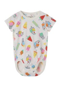 Korte mouw baby romper in lichte stof, met een kleurrijke print van ijs en fruit, voorzien van drukknoopjes aan de onderkant voor gemakkelijk aankleden.