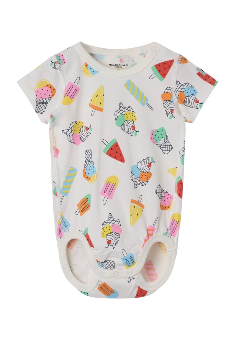 Korte mouw baby romper in lichte stof, met een kleurrijke print van ijs en fruit, voorzien van drukknoopjes aan de onderkant voor gemakkelijk aankleden.