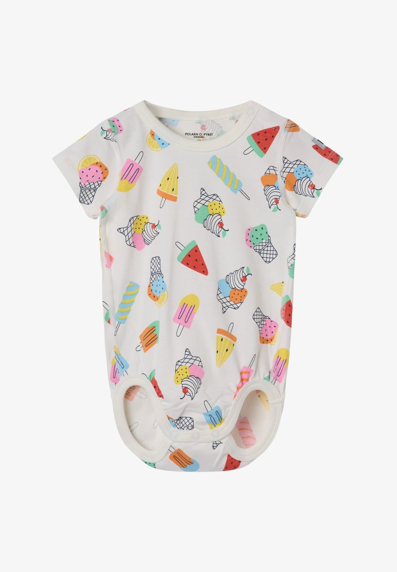 Lyhyet hihansuut vauvan body, jossa on kevyt kangas ja värikäs jäätelö- sekä hedelmäprintti. Pohjassa olevat nepparit helpottavat vaipanvaihtoa.