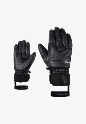 Gants en cuir noir avec un design texturé et des sections rembourrées. Comprend des sangles au poignet réglables et un détail de logo sur le poignet.
