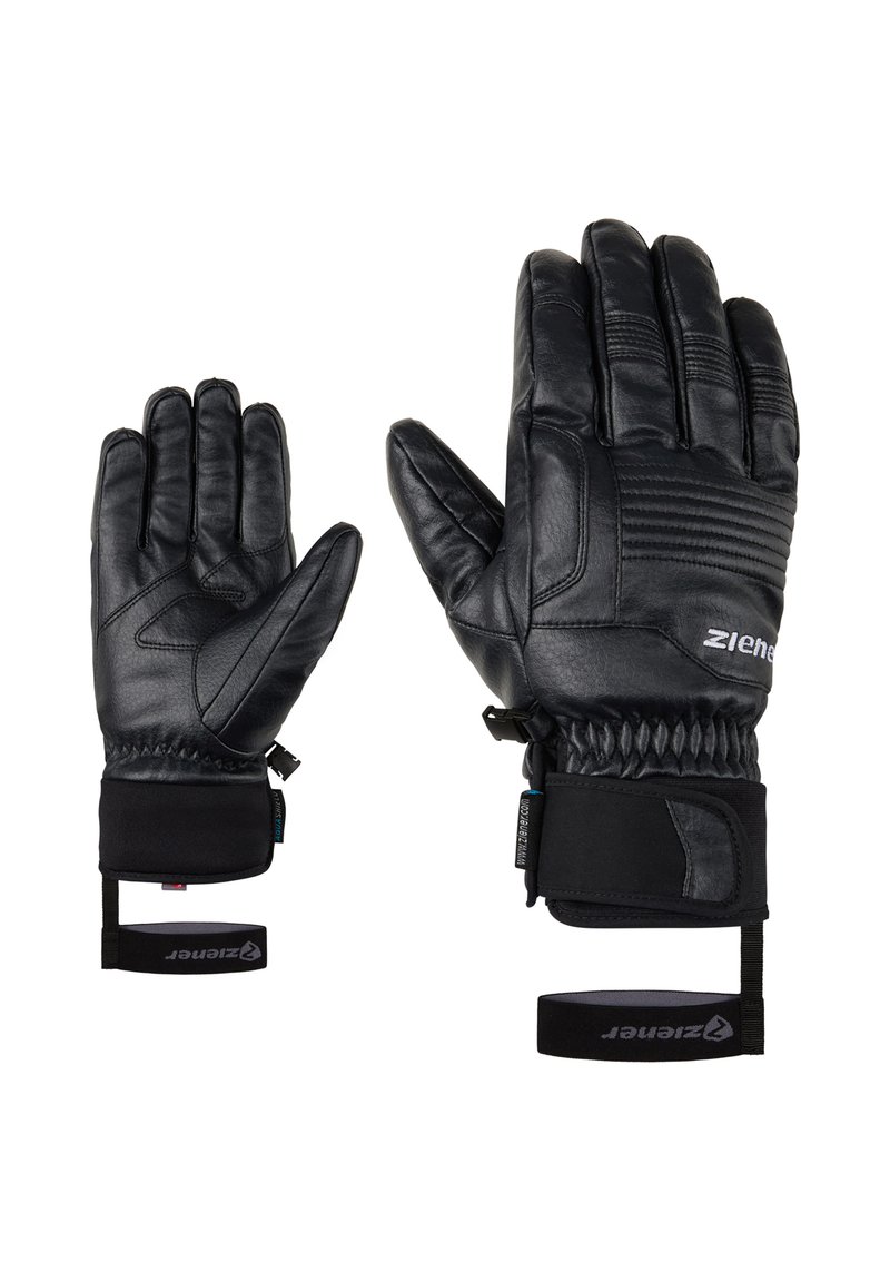 Gants en cuir noir avec un design texturé et des sections rembourrées. Comprend des sangles au poignet réglables et un détail de logo sur le poignet.