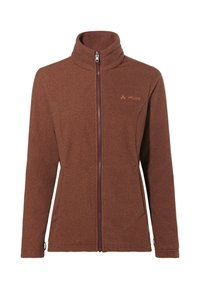 Giacca in pile marrone con colletto alto, zip frontale completa, tasche laterali e un branding discreto. Il tessuto ha una finitura morbida e testurizzata.