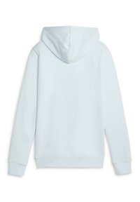 Felpa con cappuccio azzurro chiaro con polsini e orlo a costine, caratterizzata da una texture liscia e un design semplice e senza decorazioni.