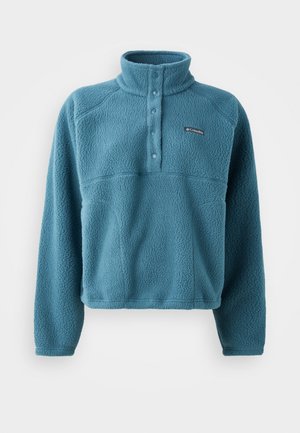 Teal fleece pullover with a high collar, buttoned placket, and a textured finish. Features a raised chest seam and a small logo patch.