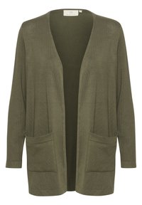 Cardigan olivově zelený s otevřeným předním dílem, dlouhými rukávy a dvěma předními kapsami. Měkká textura a jednoduchý design, vyrobený z lehkého materiálu.