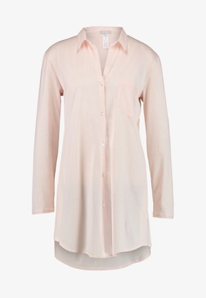 Long-sleeve button-up shirt in light pink, made of smooth fabric, featuring a pointed collar, single chest pocket, and rounded hem.