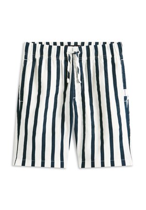 Krátke nohavice s vertikálnymi pruhmi v námorníckej modrej a bielej farbe, s elastickým pásom a predným sťahovaním na šnúrku, vybavené bočnými vreckami a malou značkovou nášivkou na pravej strane.