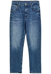 Denim jeans in medium blue met een vervaagd afwerking, recht model, vijf zakken en metalen hardwaredetails bij de taille.