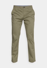 Pantaloni verde oliva realizzati in tessuto intrecciato, con design a gamba dritta, chiusura con un solo bottone e pieghe frontali discrete.