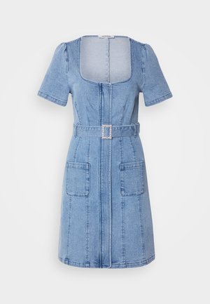 Light blue denim dress with short puff sleeves, square neckline, front zipper, two large pockets, and a belt with a square rhinestone buckle.