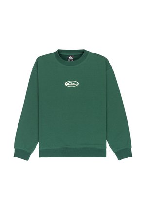 Green sweatshirt made of soft material, featuring a crew neck, long sleeves, and a small white logo on the chest. Simple design.