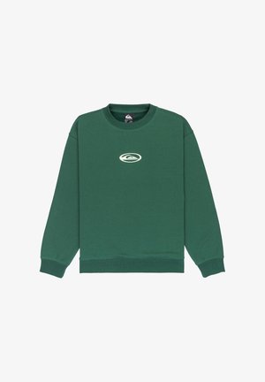 Πράσινη φούτερ φτιαγμένη από μαλακό υλικό, με στρογγυλή λαιμόκοψη, μακριά μανίκια και ένα μικρό λευκό λογότυπο στο στήθος. Απλός σχεδιασμός.