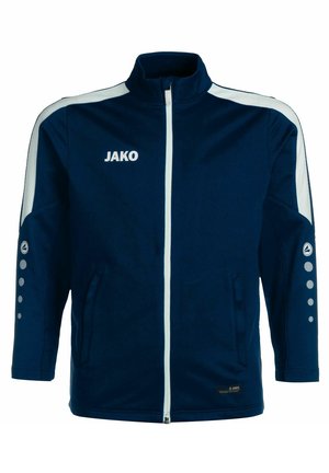 Marineblauer Sportjacke mit weißen Akzenten. Sie verfügt über einen hohen Kragen, einen durchgehenden Reißverschluss und seitliche Taschen. Logo und dekorative Punkte an den Ärmeln.