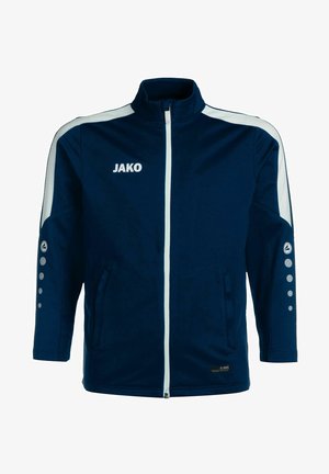 Navy sports jacket with white accents. Features a high collar, full-length zipper, and side pockets. Logo and decorative dots on sleeves.