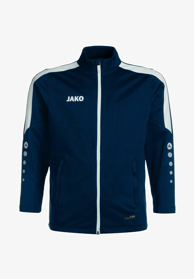 Veste de sport marine avec des accents blancs. Comprend un col haut, une fermeture éclair sur toute la longueur et des poches latérales. Logo et points décoratifs sur les manches.