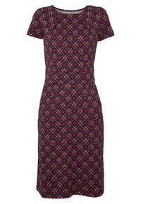 Abito a maniche corte di un rosso borgogna scuro con un motivo geometrico in crema, blu e arancione. Scollatura quadrata, vita aderente e design fino al ginocchio.