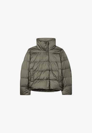 Olive green, padded jacket with high collar, zip pockets, and quilted design. Made from a smooth, shiny fabric with a cropped cut.