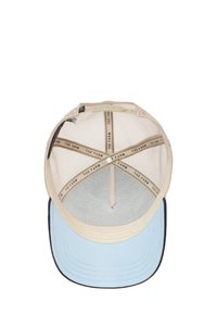 Cappellino da baseball in rete beige visto dall'interno, con visiera blu chiaro e bande beige etichettate "THE FARM."