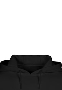 Sweat à capuche noir avec une grande poche frontale, cordons de serrage au cou et une texture douce. Présente une coupe décontractée et aucun logo ou motif visible.