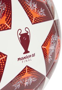 Futbolo kamuolys su baltu paviršiumi, raudonais žvaigždžių raštais ir oranžiniais akcentais. Turi UEFA trofėjaus logotipą ir tekstą "MUNICH 25 FINAL".
