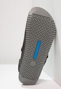 Black sandal sole with textured grey rubber, featuring a blue "Birkenstock" label and sizing details. Design includes a wide strap for support.