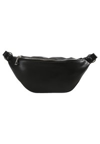 Marsupio in pelle nera con texture liscia, forma curvata, chiusura con zip superiore e tracolla regolabile con dettagli in metallo argentato.