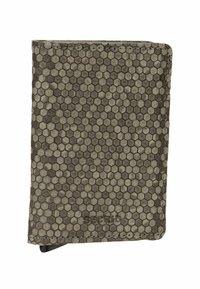 Portafoglio grigio in pelle texturizzata con motivo esagonale. Design compatto con una finitura liscia e logo del marchio impresso.