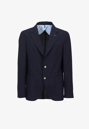 Tmavomodré sako s výrezmi na klopách, dvoma striebornými gombíkmi, bočnými vreckami a svetlomodrým pásikavým detailom na vnútornom golieri.