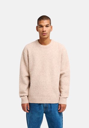 Jeune homme aux cheveux courts portant un pull beige en laine et un jean bleu, debout devant un fond clair uni.