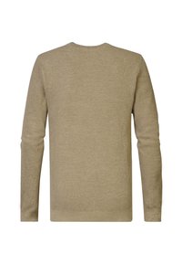 Light beige knitted sweater with long sleeves, round neck, textured pattern, and ribbed cuffs and hem. Back view shows even pattern distribution.