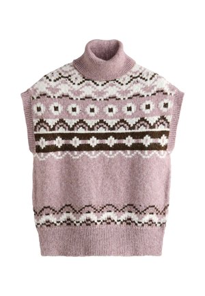 Knitted sleeveless turtleneck sweater in light pink, featuring white and brown geometric patterns across the chest and hem.