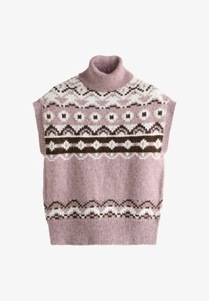 Knitted sleeveless turtleneck sweater in light pink, featuring white and brown geometric patterns across the chest and hem.