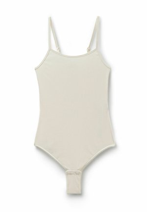 Body ajustado color crema con ribetes, tirantes finos ajustables y cierre de broches en la entrepierna, colocado plano sobre un fondo blanco.