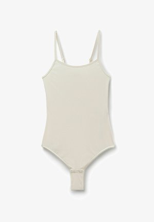 Body ajustado color crema con ribetes, tirantes finos ajustables y cierre de broches en la entrepierna, colocado plano sobre un fondo blanco.