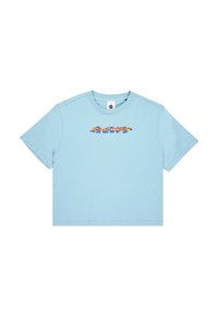 T-shirt cropped bleu clair en coton avec un col rond. Présente un design graphique coloré au centre à l'avant.