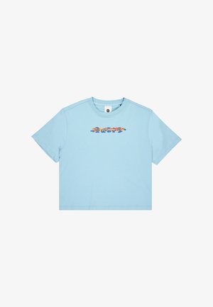 T-shirt cropped bleu clair en coton avec un col rond. Présente un design graphique coloré au centre à l'avant.