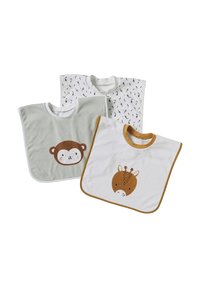 Drei Baby-Lätzchen mit Halsöffnungen; eines weiß mit schwarzen Strichen, eines grau mit einem Affengesicht und eines weiß mit einem Giraffengesicht und braunen Akzenten.