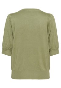 Maglione verde oliva con maniche corte a sbuffo, polsini e orlo a coste, texture lavorata a maglia e scollatura tonda. Solo vista posteriore.