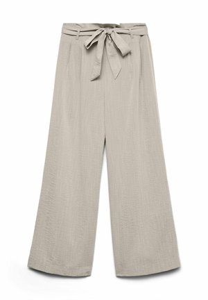 Pantalon beige à jambes larges avec une taille haute et une ceinture en tissu nouée en nœud, fabriqué à partir d'un matériau léger texturé.